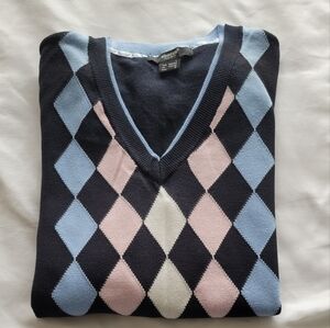 Argyle V-Neck Sweater in Navy, Sky Blue & Blush